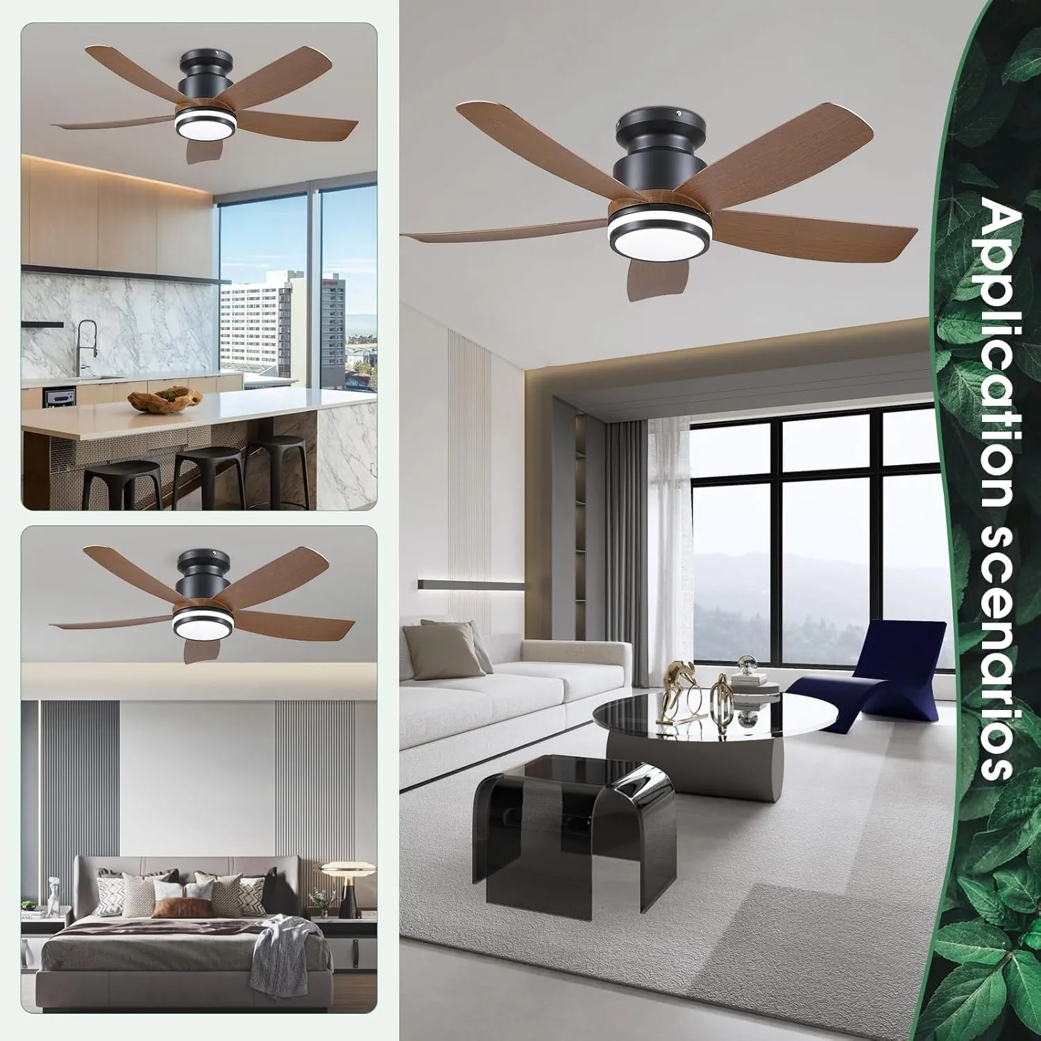 Ceiling Fans with Lights and Remote/APP Control, 41 inch Low Profile Flush Mount Ceiling Fan with Lights, LED Dimmable 5 Reversible Curved Blades 3 CCT 6 Speeds for Bedroom Living Room, Wood