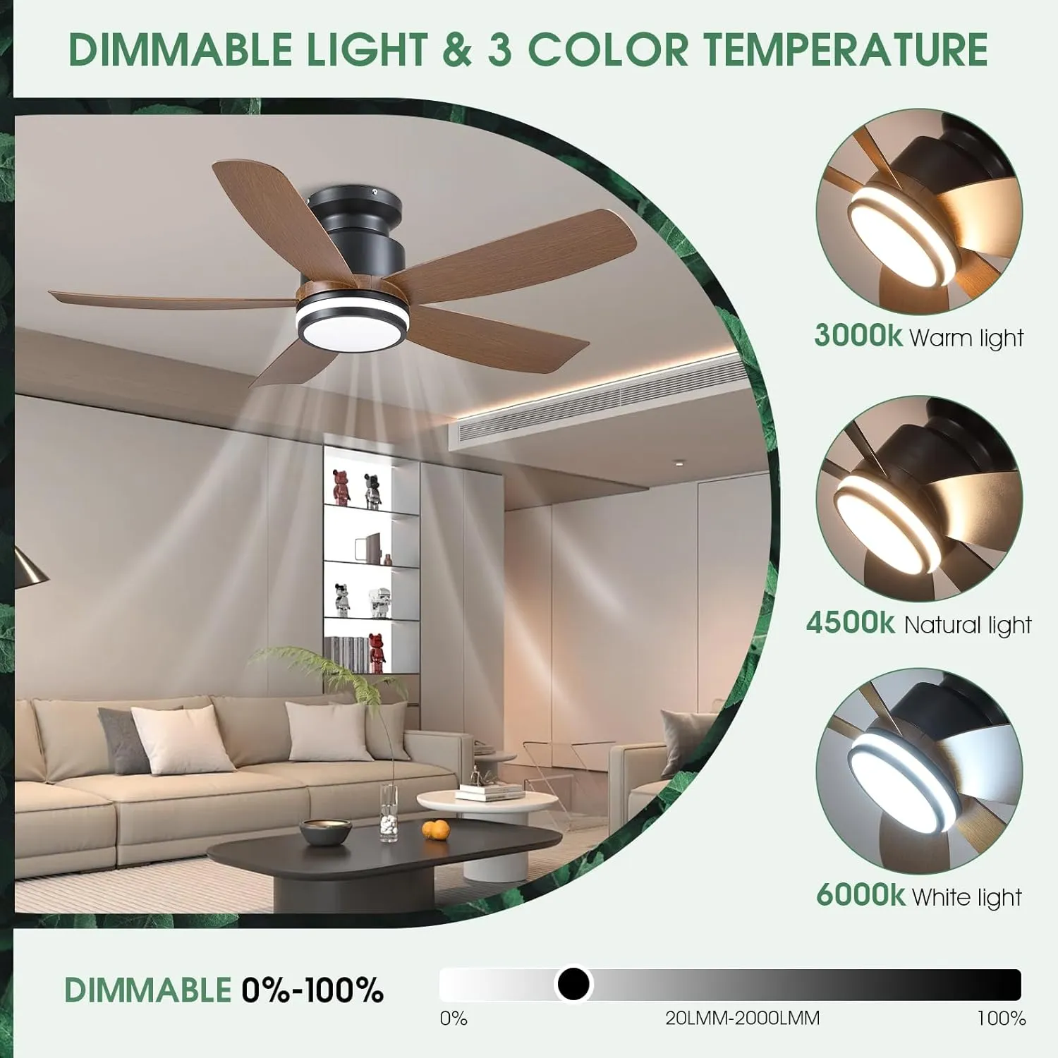 Ceiling Fans with Lights and Remote/APP Control, 41 inch Low Profile Flush Mount Ceiling Fan with Lights, LED Dimmable 5 Reversible Curved Blades 3 CCT 6 Speeds for Bedroom Living Room, Wood