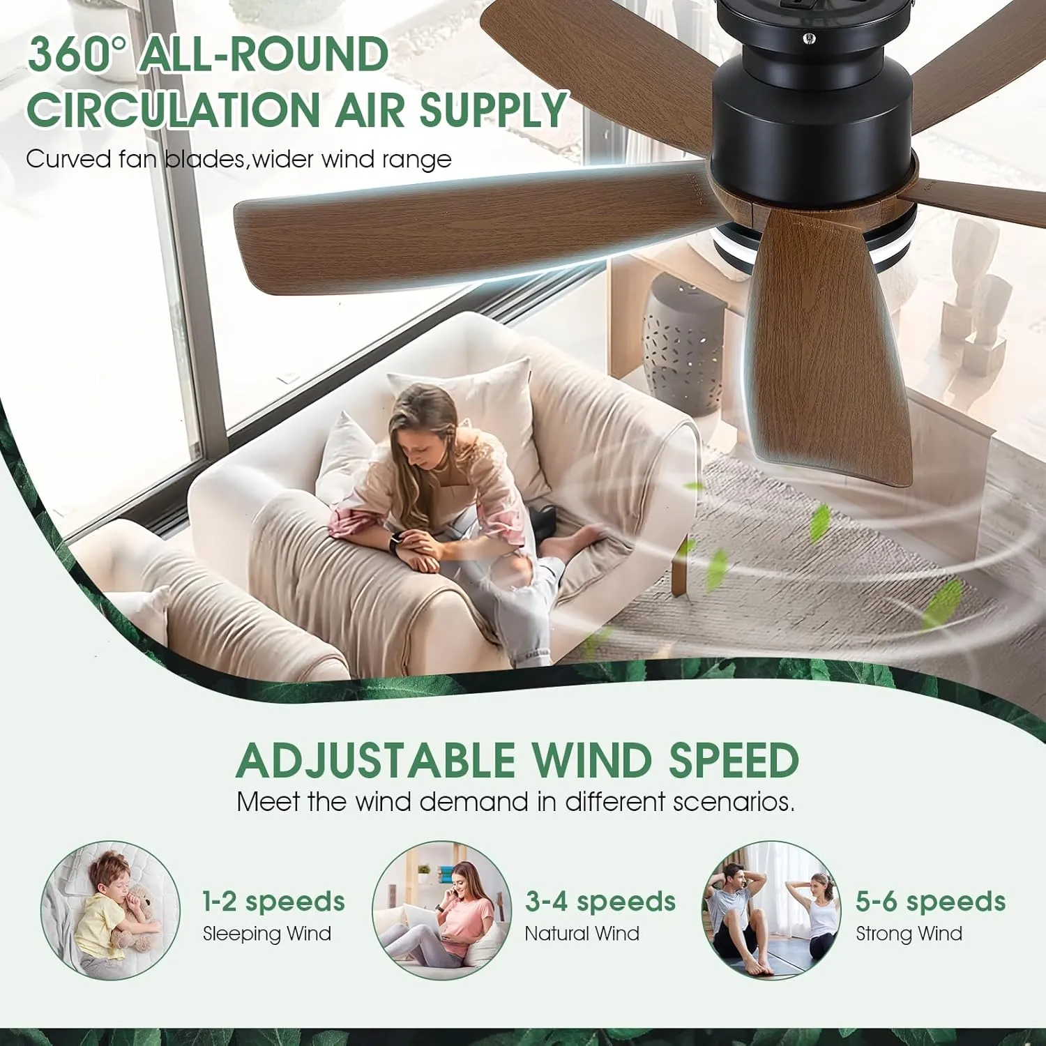 Ceiling Fans with Lights and Remote/APP Control, 41 inch Low Profile Flush Mount Ceiling Fan with Lights, LED Dimmable 5 Reversible Curved Blades 3 CCT 6 Speeds for Bedroom Living Room, Wood