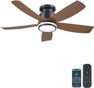 Ceiling Fans with Lights and Remote/APP Control, 41 inch Low Profile Flush Mount Ceiling Fan with Lights, LED Dimmable 5 Reversible Curved Blades 3 CCT 6 Speeds for Bedroom Living Room, Wood App-controlled remote fan for convenience