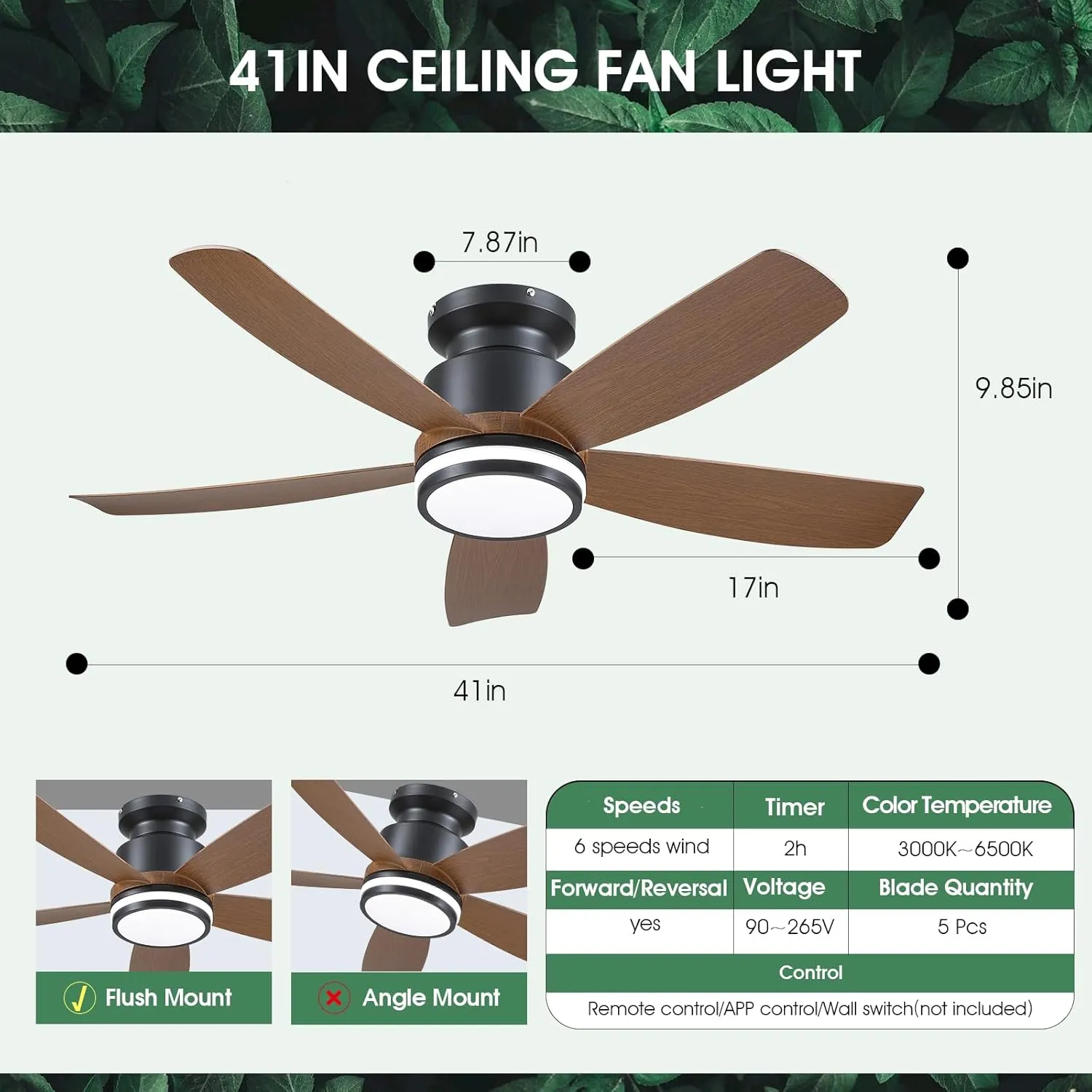 Ceiling Fans with Lights and Remote/APP Control, 41 inch Low Profile Flush Mount Ceiling Fan with Lights, LED Dimmable 5 Reversible Curved Blades 3 CCT 6 Speeds for Bedroom Living Room, Wood
