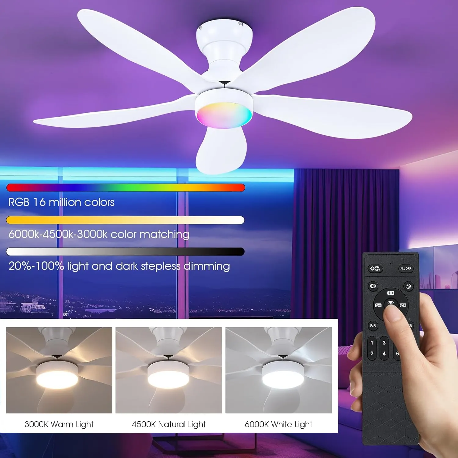 Ceiling Fans with Lights and Remote/APP Control, 44 inch Low Profile Ceiling Fans with Dimmable White Colors and RGB Lighting, 6 Speeds 5 Curved Blades for Kids Room Bedroom Bar, White