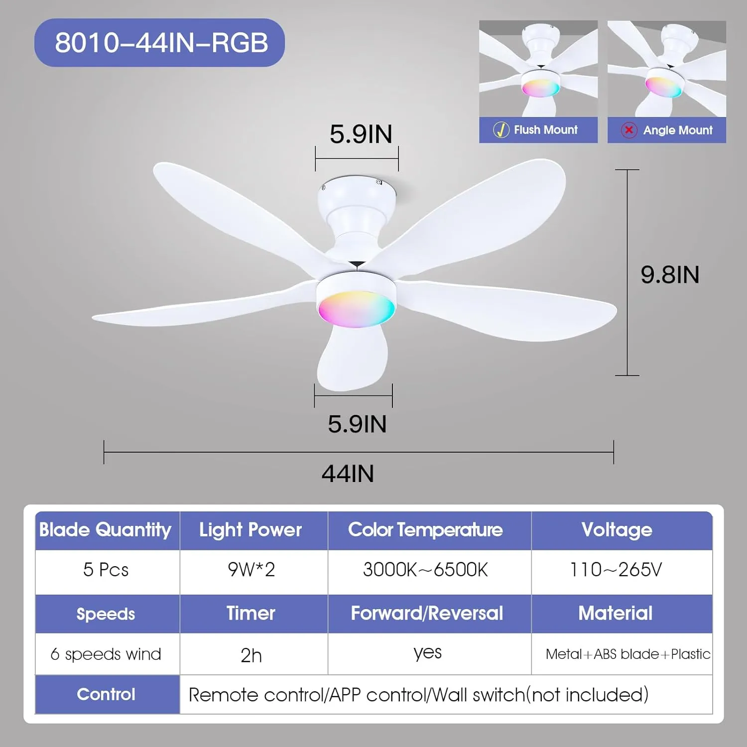 Ceiling Fans with Lights and Remote/APP Control, 44 inch Low Profile Ceiling Fans with Dimmable White Colors and RGB Lighting, 6 Speeds 5 Curved Blades for Kids Room Bedroom Bar, White