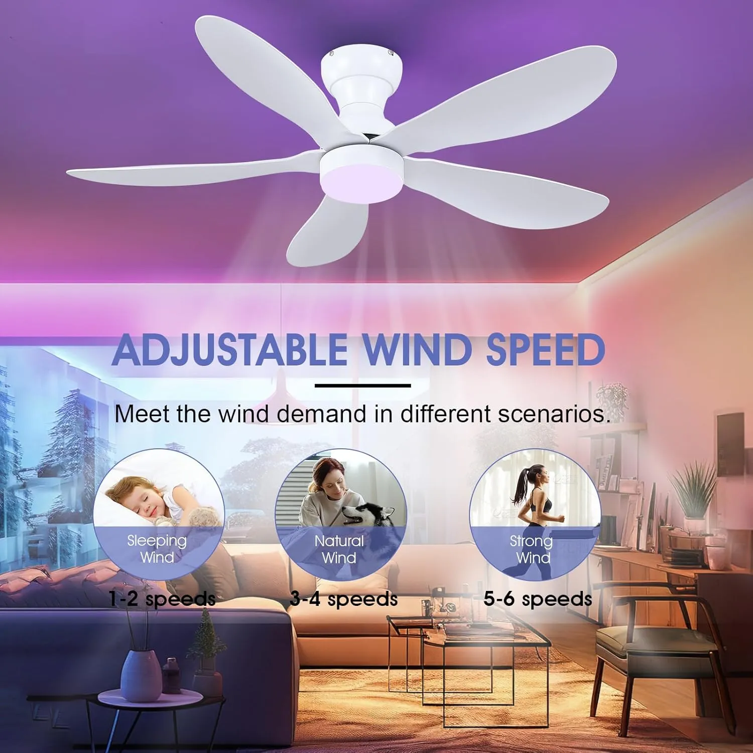 Ceiling Fans with Lights and Remote/APP Control, 44 inch Low Profile Ceiling Fans with Dimmable White Colors and RGB Lighting, 6 Speeds 5 Curved Blades for Kids Room Bedroom Bar, White