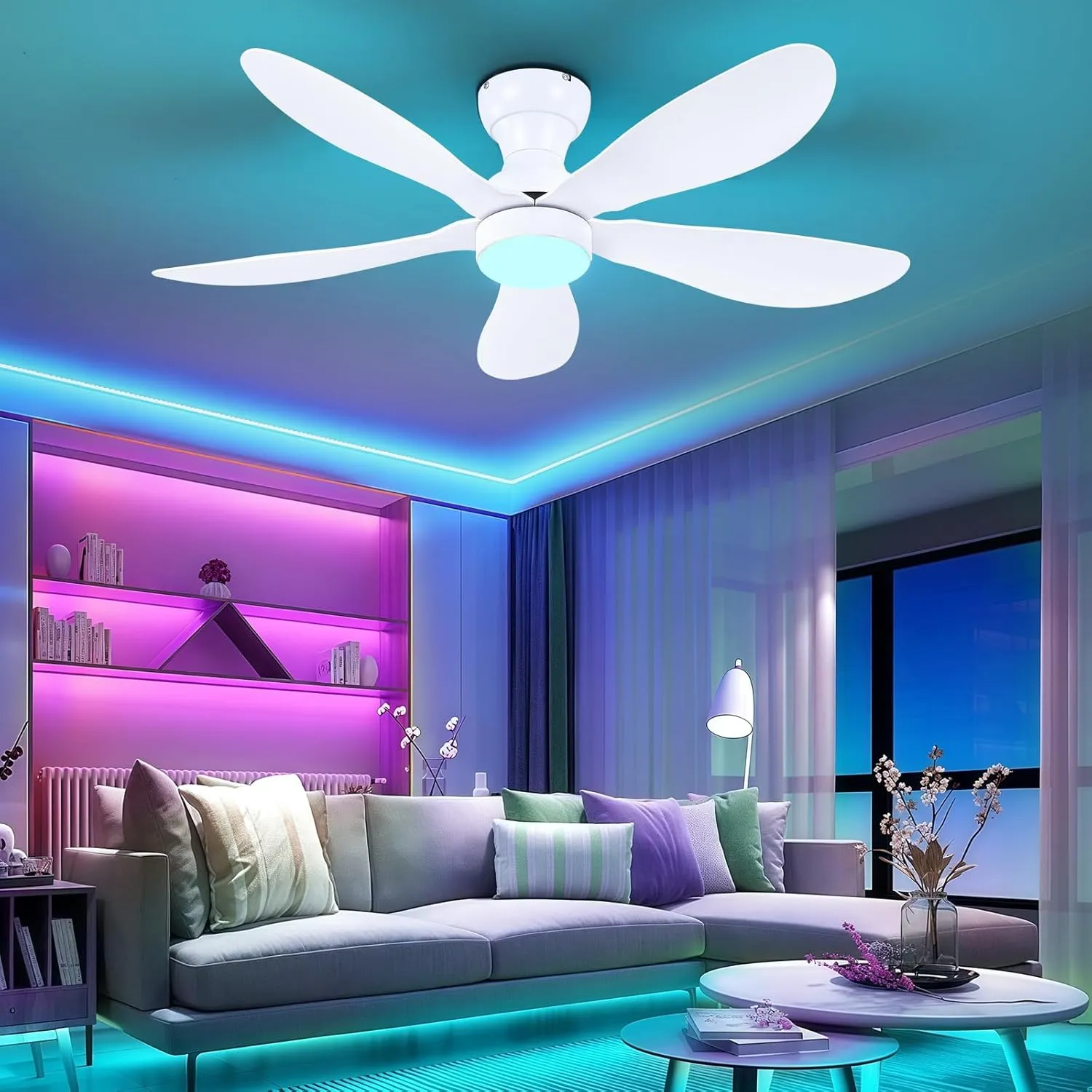 Ceiling Fans with Lights and Remote/APP Control, 44 inch Low Profile Ceiling Fans with Dimmable White Colors and RGB Lighting, 6 Speeds 5 Curved Blades for Kids Room Bedroom Bar, White