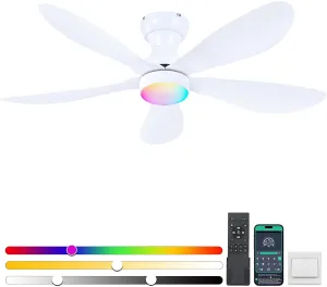 Ceiling Fans with Lights and Remote/APP Control, 44 inch Low Profile Ceiling Fans with Dimmable White Colors and RGB Lighting, 6 Speeds 5 Curved Blades for Kids Room Bedroom Bar, White Fan with safety blade design