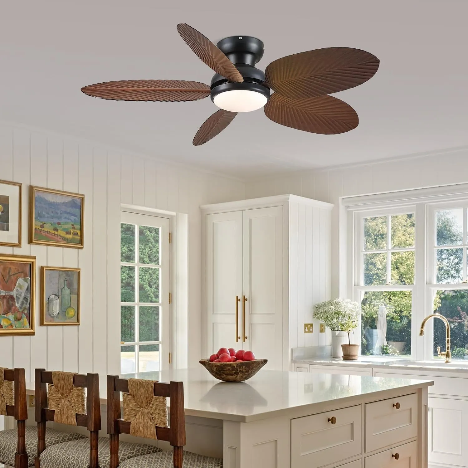 Ceiling Fans with Lights and Remote/APP Control, 45 Inch Low Profile Tropical Ceiling Fan for Living Room Bedroom, Outdoor Flush Mount Palm Leaf Ceiling Fan for Patios Porch, Brown