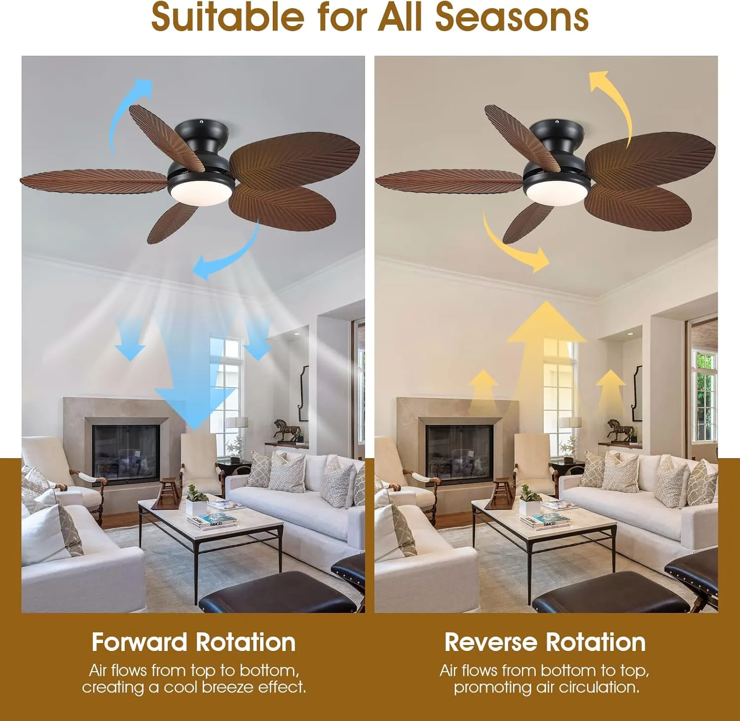 Ceiling Fans with Lights and Remote/APP Control, 45 Inch Low Profile Tropical Ceiling Fan for Living Room Bedroom, Outdoor Flush Mount Palm Leaf Ceiling Fan for Patios Porch, Brown