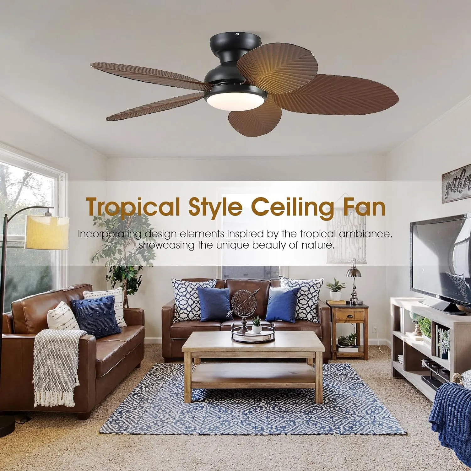 Ceiling Fans with Lights and Remote/APP Control, 45 Inch Low Profile Tropical Ceiling Fan for Living Room Bedroom, Outdoor Flush Mount Palm Leaf Ceiling Fan for Patios Porch, Brown