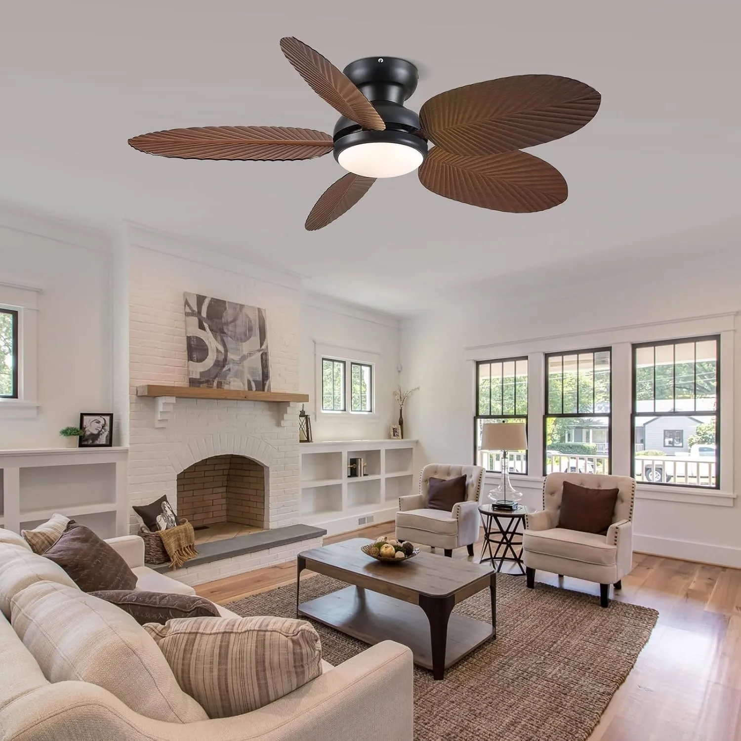 Ceiling Fans with Lights and Remote/APP Control, 45 Inch Low Profile Tropical Ceiling Fan for Living Room Bedroom, Outdoor Flush Mount Palm Leaf Ceiling Fan for Patios Porch, Brown