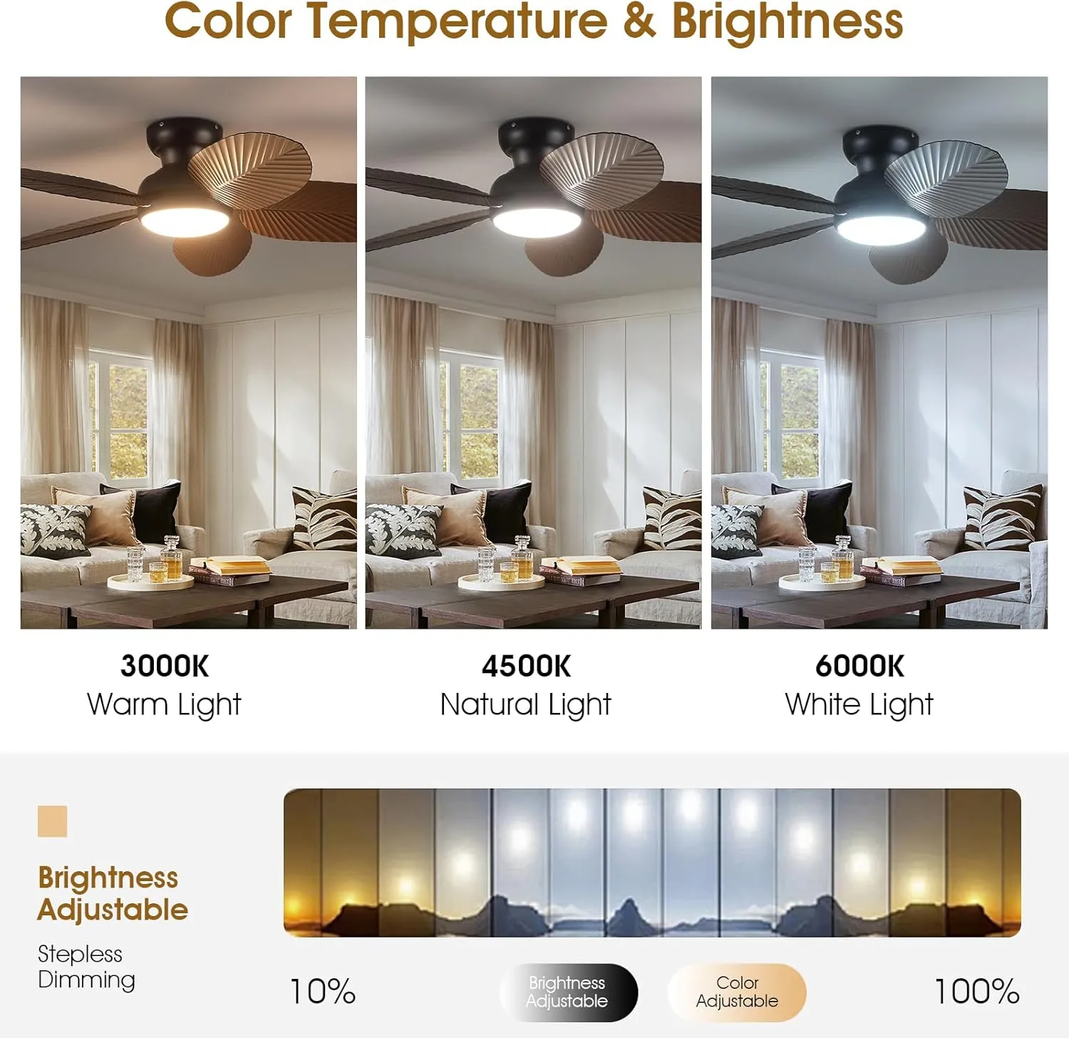 Ceiling Fans with Lights and Remote/APP Control, 45 Inch Low Profile Tropical Ceiling Fan for Living Room Bedroom, Outdoor Flush Mount Palm Leaf Ceiling Fan for Patios Porch, Brown
