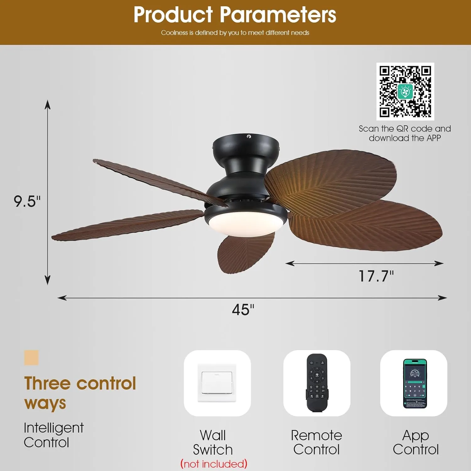 Ceiling Fans with Lights and Remote/APP Control, 45 Inch Low Profile Tropical Ceiling Fan for Living Room Bedroom, Outdoor Flush Mount Palm Leaf Ceiling Fan for Patios Porch, Brown