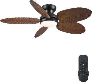 Ceiling Fans with Lights and Remote/APP Control, 45 Inch Low Profile Tropical Ceiling Fan for Living Room Bedroom, Outdoor Flush Mount Palm Leaf Ceiling Fan for Patios Porch, Brown App-controlled remote fan for convenience