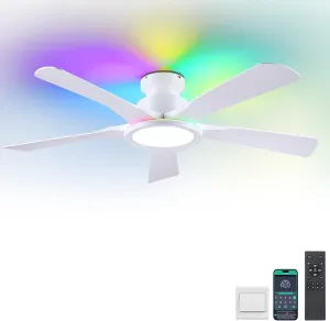 Ceiling Fans with Lights and Remote/APP Control, 52" Low Profile Flush Mount Ceiling Fan with RGB Ring Light & Dimmable, 5 Reversible Curved Blades 3 CCT 6 Speeds for Kids Room Living Room, White App-controlled remote fan for convenience