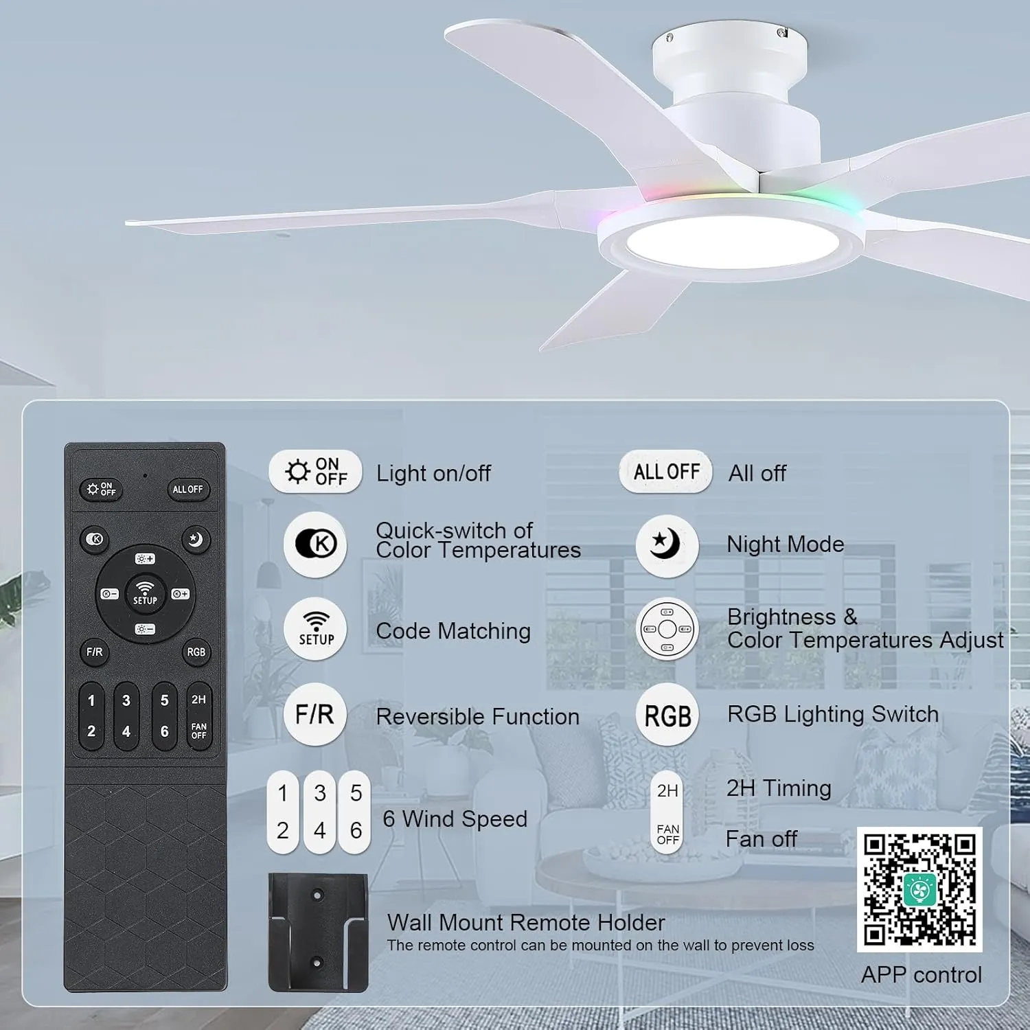 Ceiling Fans with Lights and Remote/APP Control, 52" Low Profile Flush Mount Ceiling Fan with RGB Ring Light & Dimmable, 5 Reversible Curved Blades 3 CCT 6 Speeds for Kids Room Living Room, White