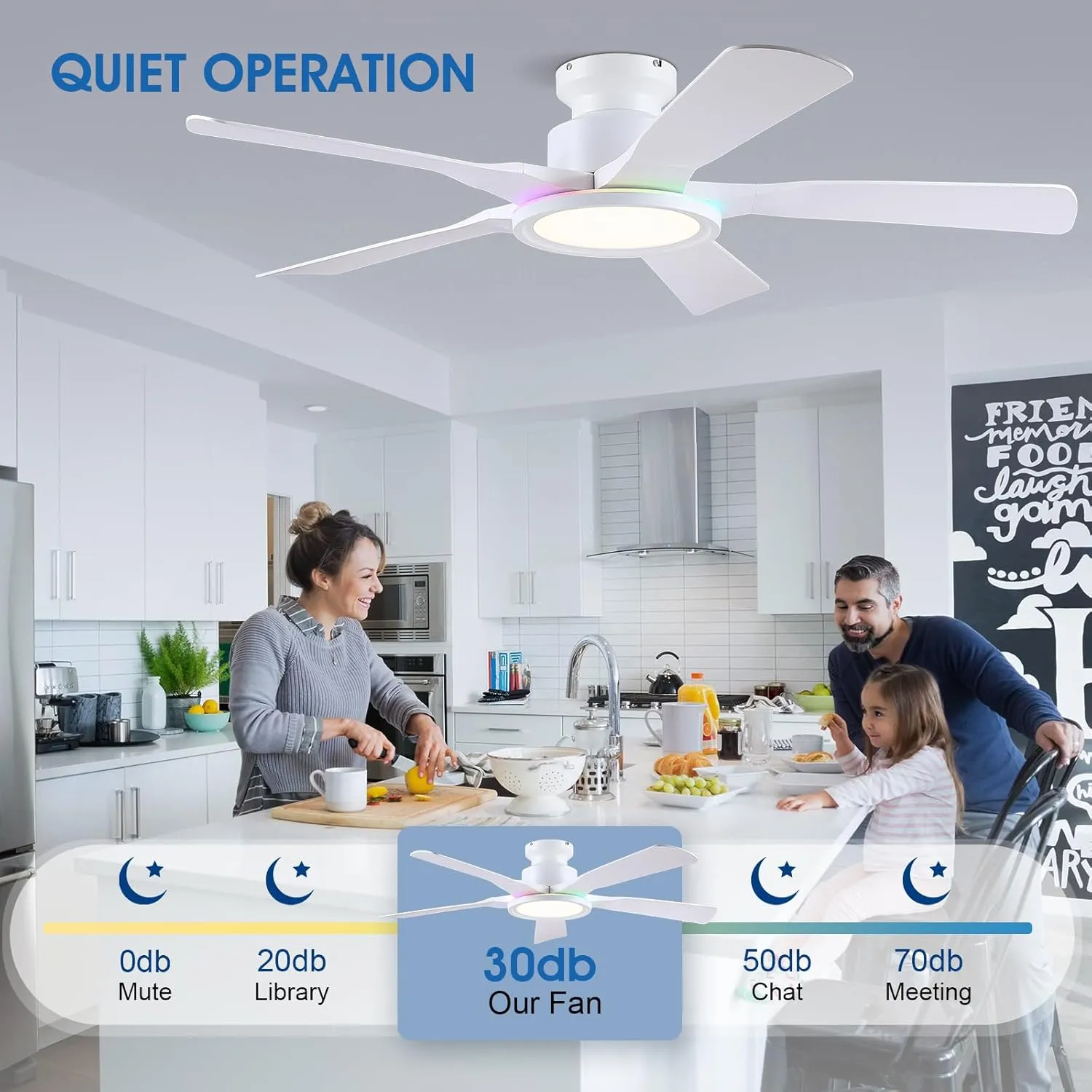 Ceiling Fans with Lights and Remote/APP Control, 52" Low Profile Flush Mount Ceiling Fan with RGB Ring Light & Dimmable, 5 Reversible Curved Blades 3 CCT 6 Speeds for Kids Room Living Room, White