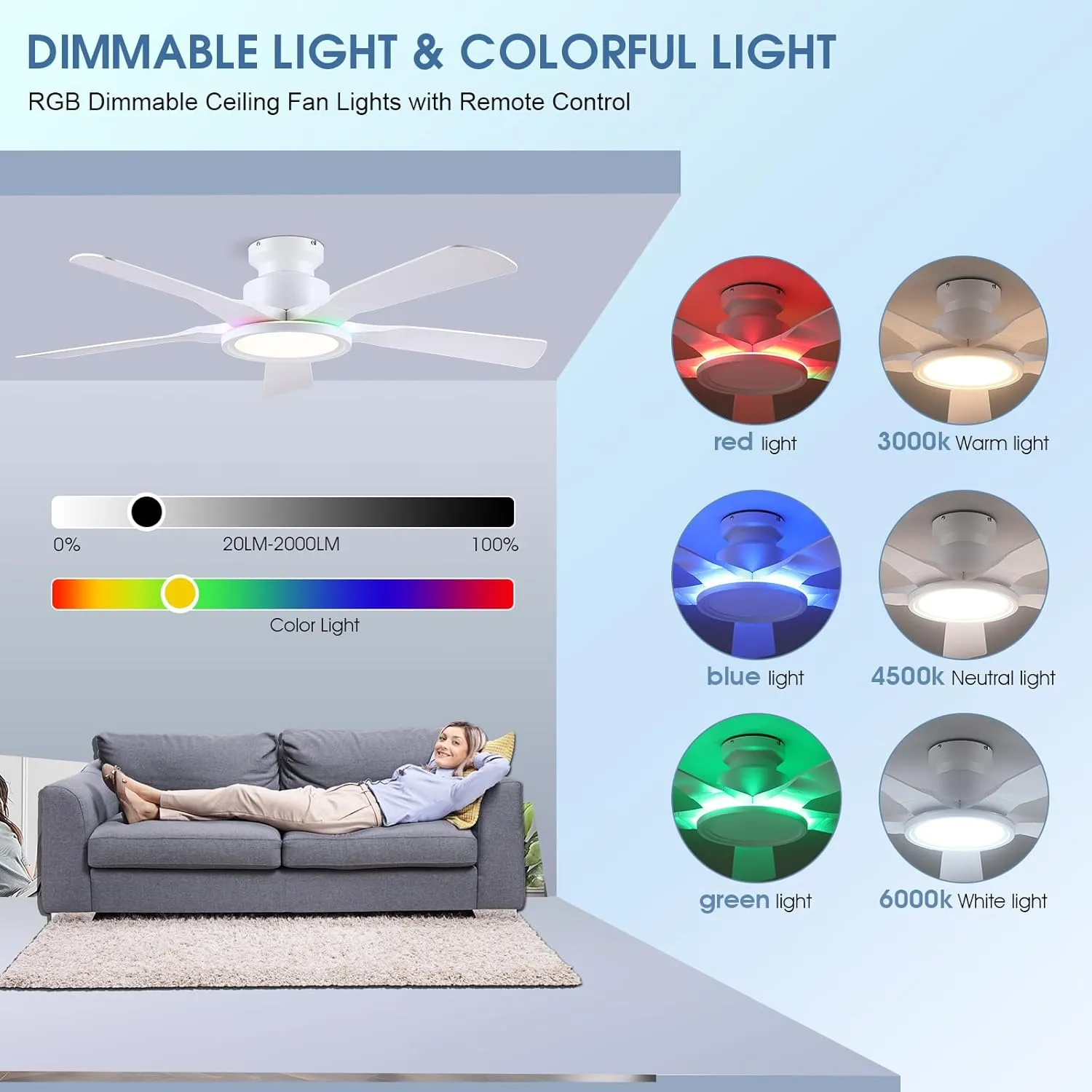 Ceiling Fans with Lights and Remote/APP Control, 52" Low Profile Flush Mount Ceiling Fan with RGB Ring Light & Dimmable, 5 Reversible Curved Blades 3 CCT 6 Speeds for Kids Room Living Room, White