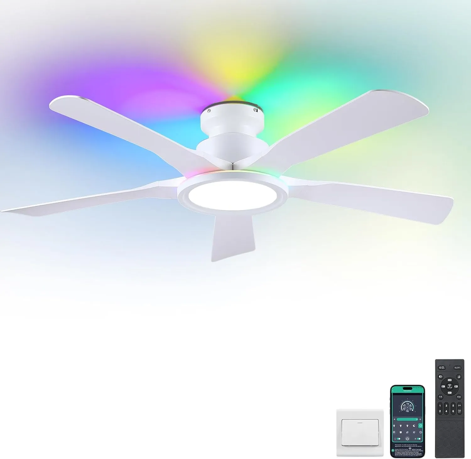 Ceiling Fans with Lights and Remote/APP Control, 52" Low Profile Flush Mount Ceiling Fan with RGB Ring Light & Dimmable, 5 Reversible Curved Blades 3 CCT 6 Speeds for Kids Room Living Room, White App-controlled remote fan for convenience