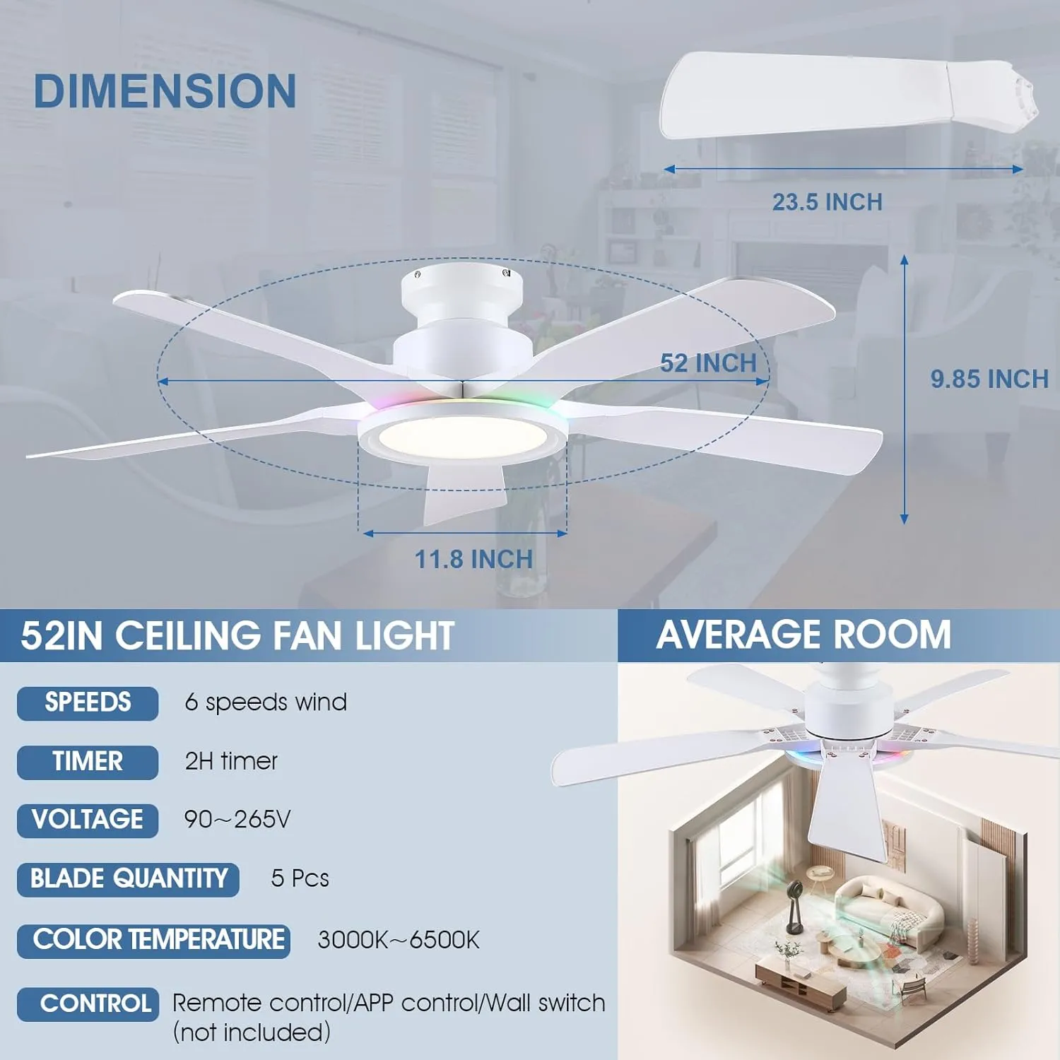 Ceiling Fans with Lights and Remote/APP Control, 52" Low Profile Flush Mount Ceiling Fan with RGB Ring Light & Dimmable, 5 Reversible Curved Blades 3 CCT 6 Speeds for Kids Room Living Room, White