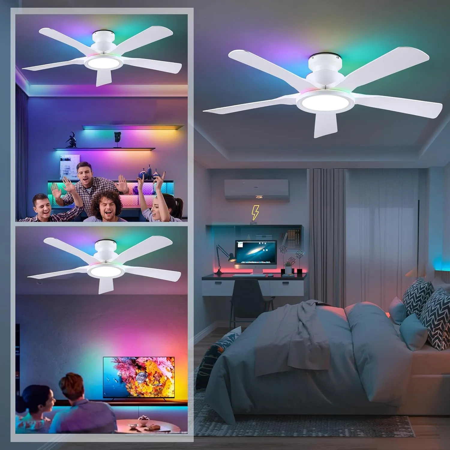 Ceiling Fans with Lights and Remote/APP Control, 52" Low Profile Flush Mount Ceiling Fan with RGB Ring Light & Dimmable, 5 Reversible Curved Blades 3 CCT 6 Speeds for Kids Room Living Room, White