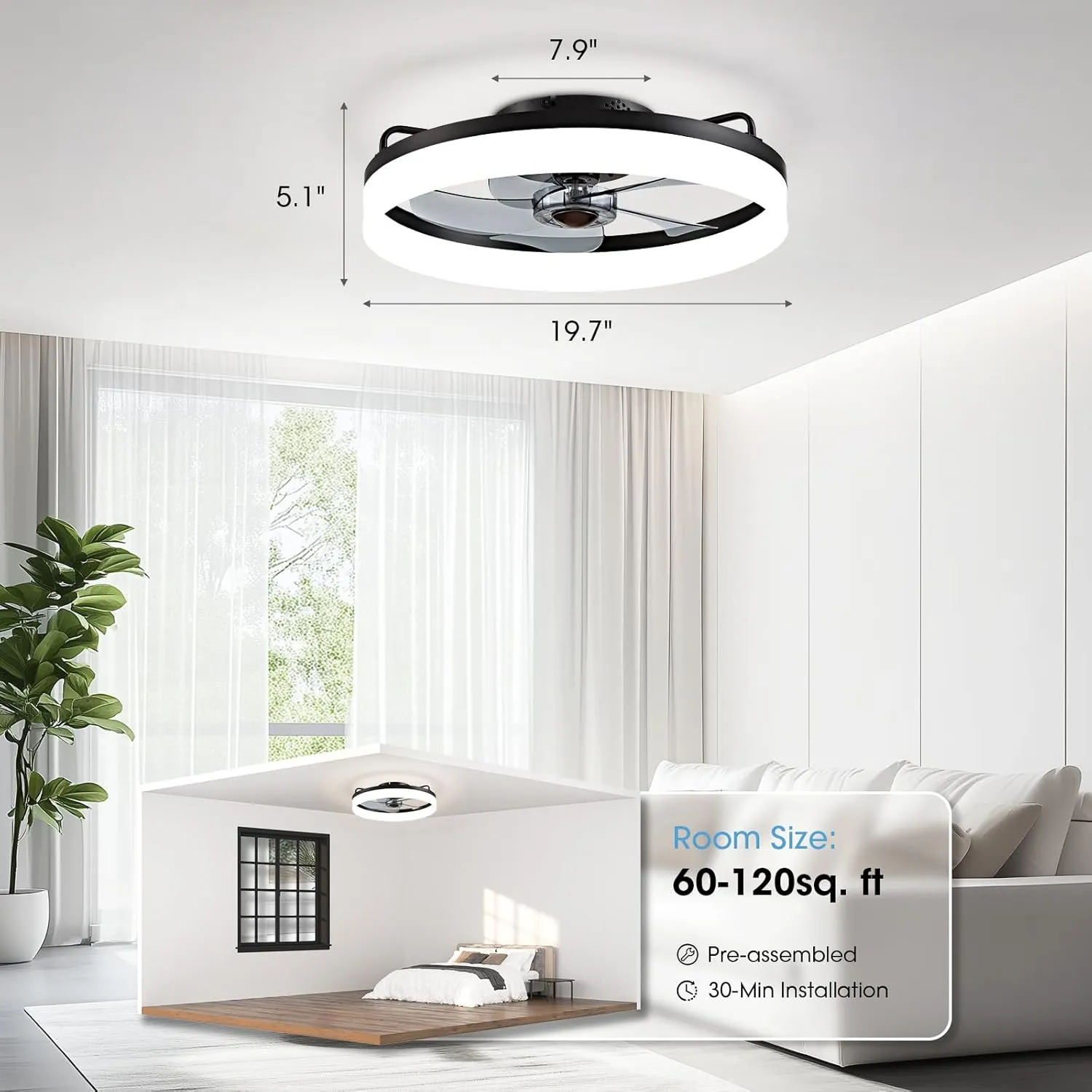 Ceiling Fans with Lights, Flush Mount Ceiling Fan with Lights and Remote, 6 Wind Speeds Low Profile Ceiling Fan for Bedroom, Kids Room and Living Room 20" (Black)