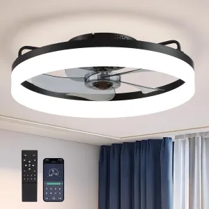 Ceiling Fans with Lights, Flush Mount Ceiling Fan with Lights and Remote, 6 Wind Speeds Low Profile Ceiling Fan for Bedroom, Kids Room and Living Room 20" (Black) 360-degree rotating fan for home use