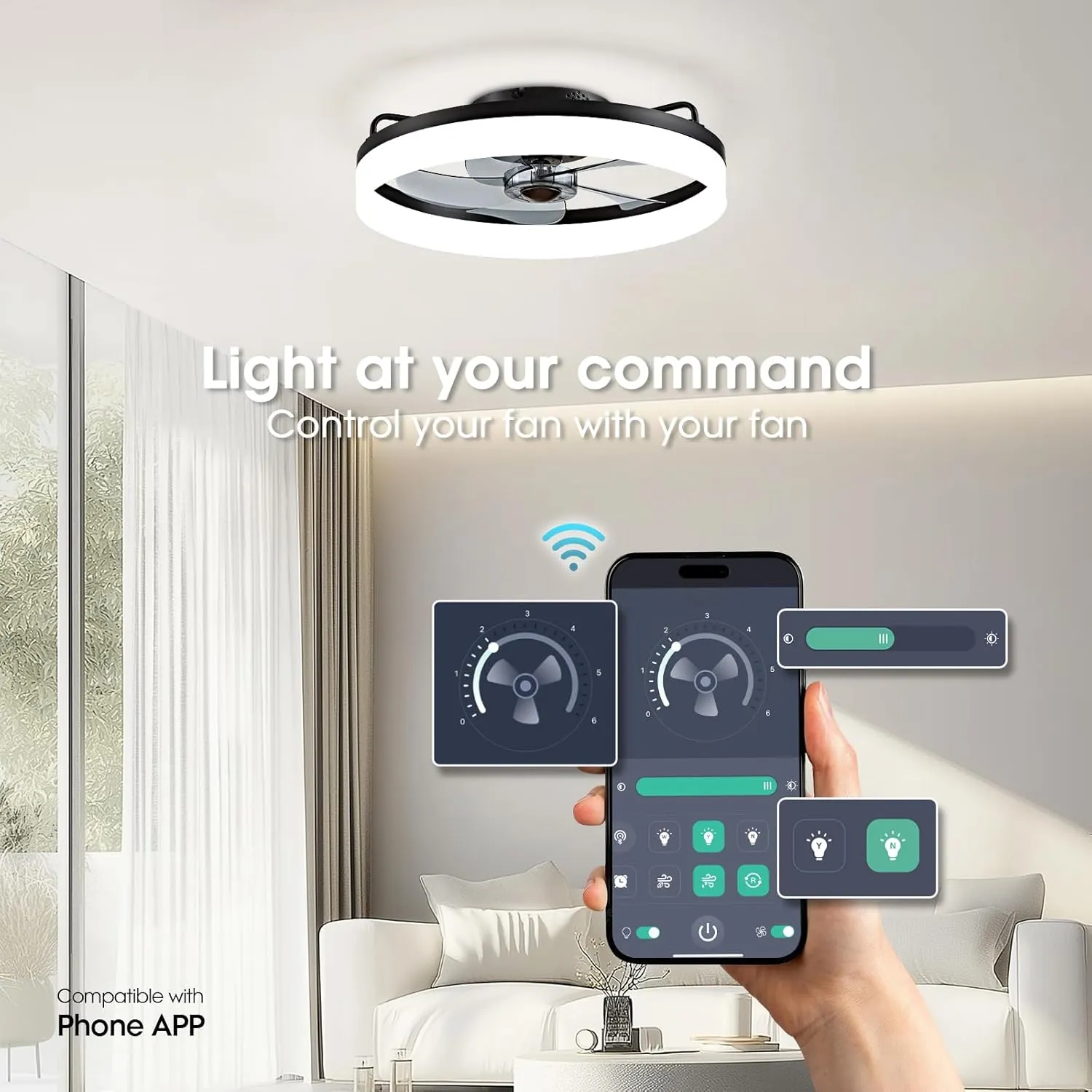 Ceiling Fans with Lights, Flush Mount Ceiling Fan with Lights and Remote, 6 Wind Speeds Low Profile Ceiling Fan for Bedroom, Kids Room and Living Room 20" (Black)