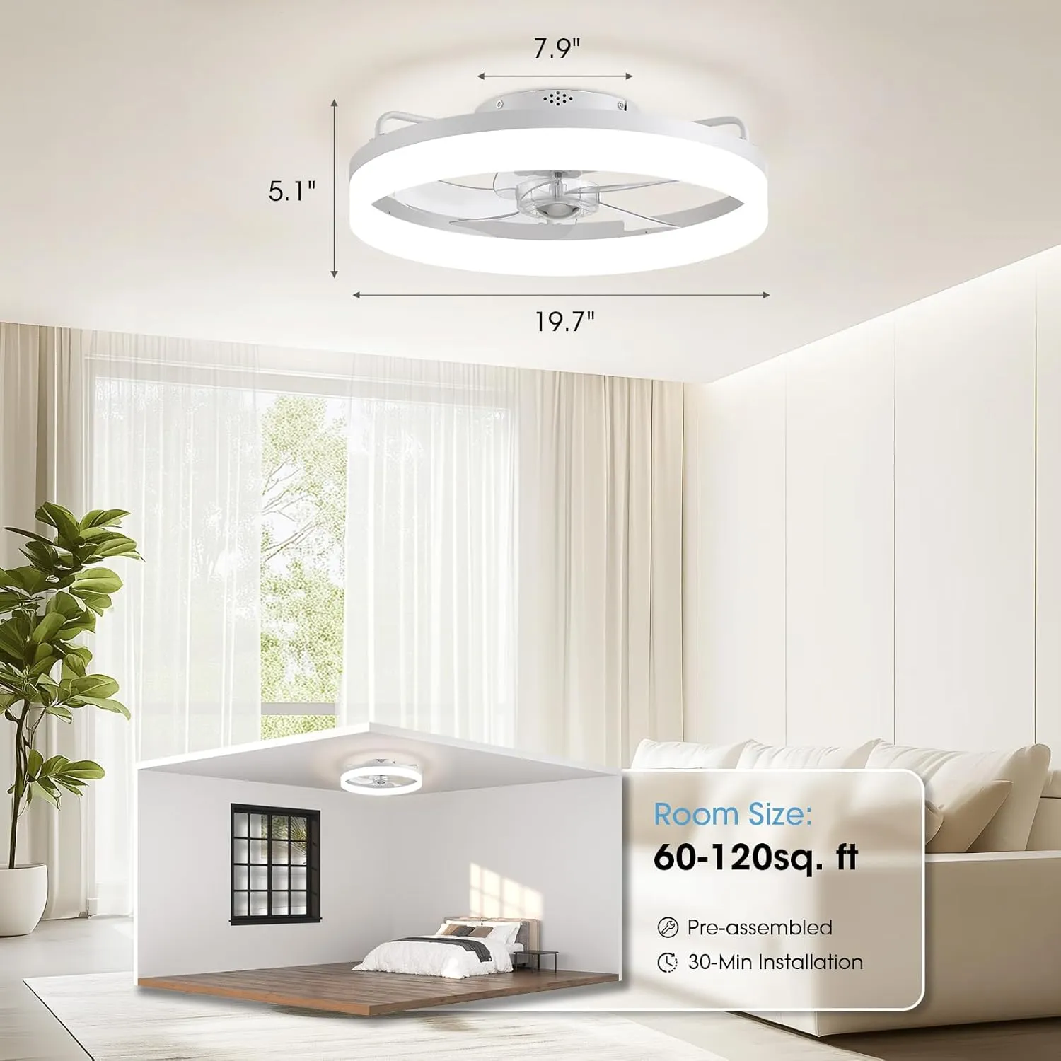 Ceiling Fans with Lights, Flush Mount Ceiling Fan with Lights and Remote, 6 Wind Speeds Low Profile Ceiling Fan for Bedroom, Kids Room and Living Room 20" (White)