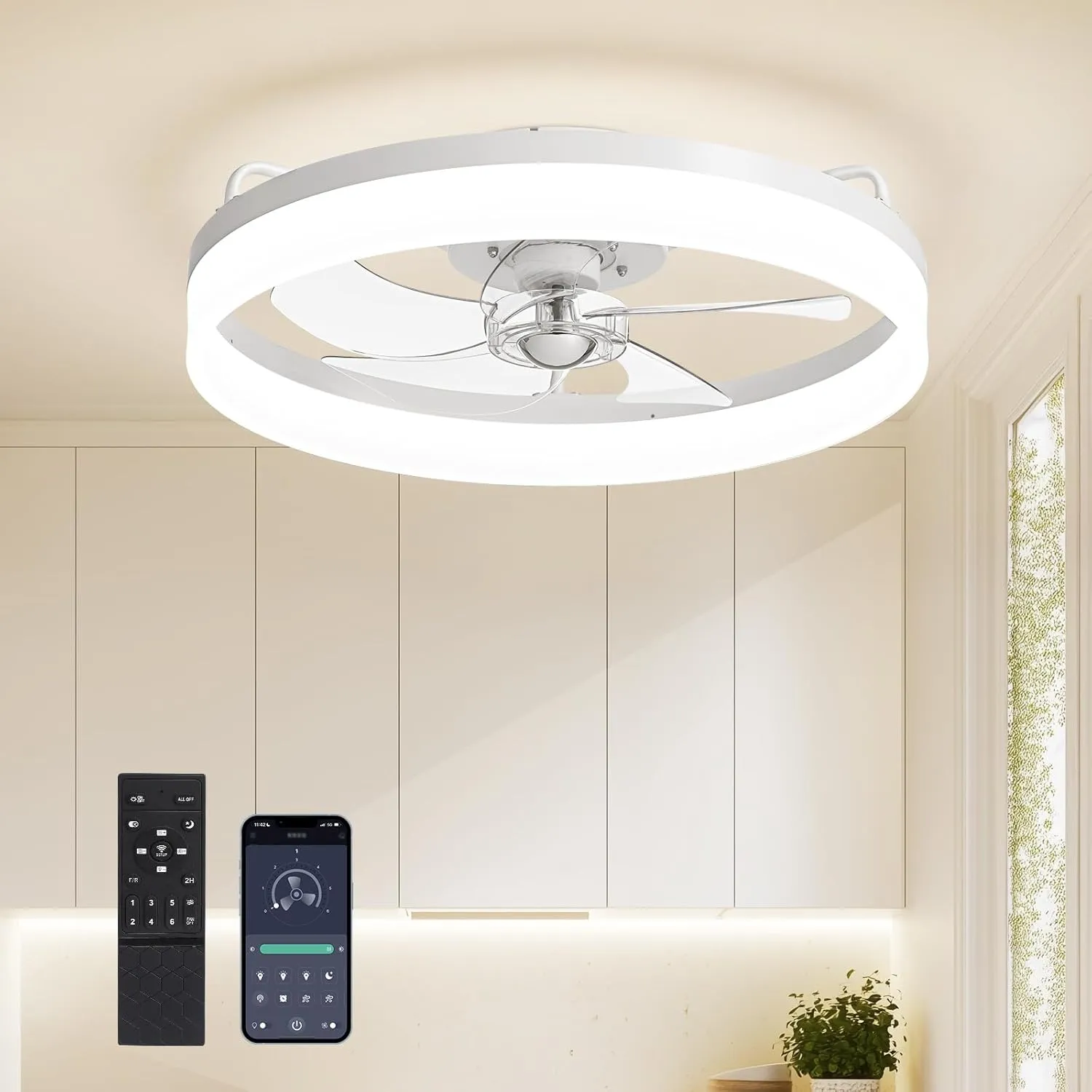 Ceiling Fans with Lights, Flush Mount Ceiling Fan with Lights and Remote, 6 Wind Speeds Low Profile Ceiling Fan for Bedroom, Kids Room and Living Room 20" (White) 360-degree rotating fan for home use