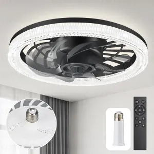 Ceiling Fans with Lights, Socket Fan Light with Remote Control, Dimmable Brightness 3000K-6500K Memory, Socket Modern Flush Mount Low Profile Ceiling Fan for Bedroom, Small Living Room, Kitchen Black Small bladeless fan for quiet cooling