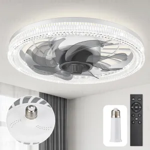 Ceiling Fans with Lights, Socket Fan Light with Remote Control, Dimmable Brightness 3000K-6500K Memory, Socket Modern Flush Mount Low Profile Ceiling Fan for Bedroom, Small Living Room, Kitchen White Small bladeless fan for quiet cooling
