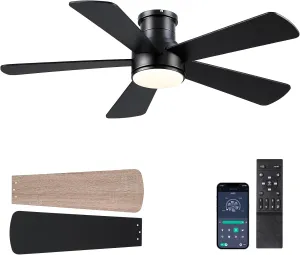 Ceiling Fans with Lights,46 inch Modern Low Profile Ceiling Fan with Remote Control,5 Dual-Sided Blades,Reversible DC Motor,Black Flush Mount Ceiling Fan for Bedroom Indoor/Outdoor Use App-controlled remote fan for convenience