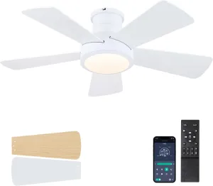 Ceiling Fans with Lights,Modern Low Profile Ceiling Fan with Light and Remote Control,5 Dual-Sided Blades,Reversible DC Motor,40" White Small Flush Mount Ceiling Fan for Bedroom Indoor/Outdoor Use App-controlled remote fan for convenience
