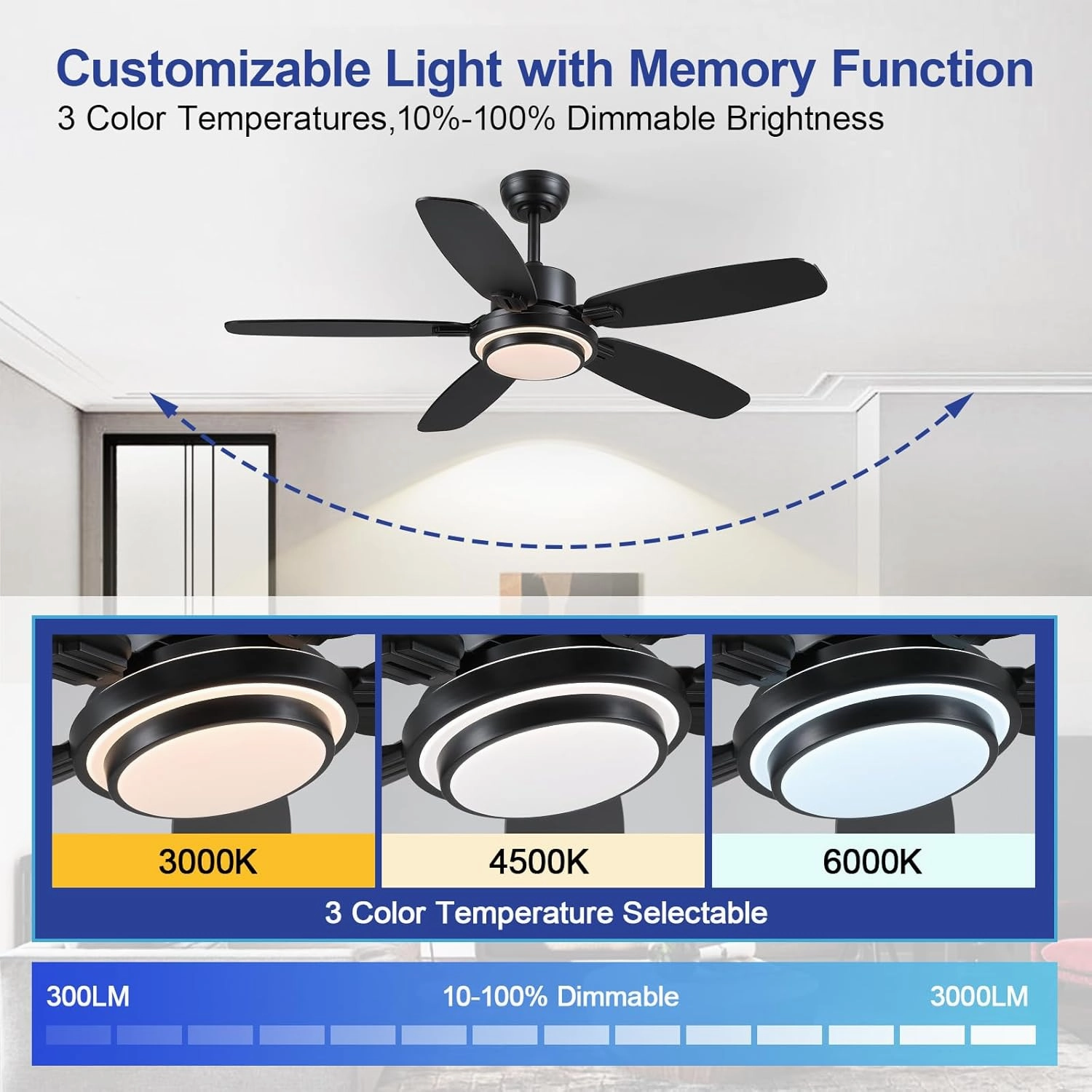 Ceiling Fan with Light and Remote/APP Control,50" Modern Indoor Ceiling Fan with DC Reversible Motor, Quiet 6 Speeds Flush Mount Ceiling fan Light for Bedroom,Dinnig Room,Black