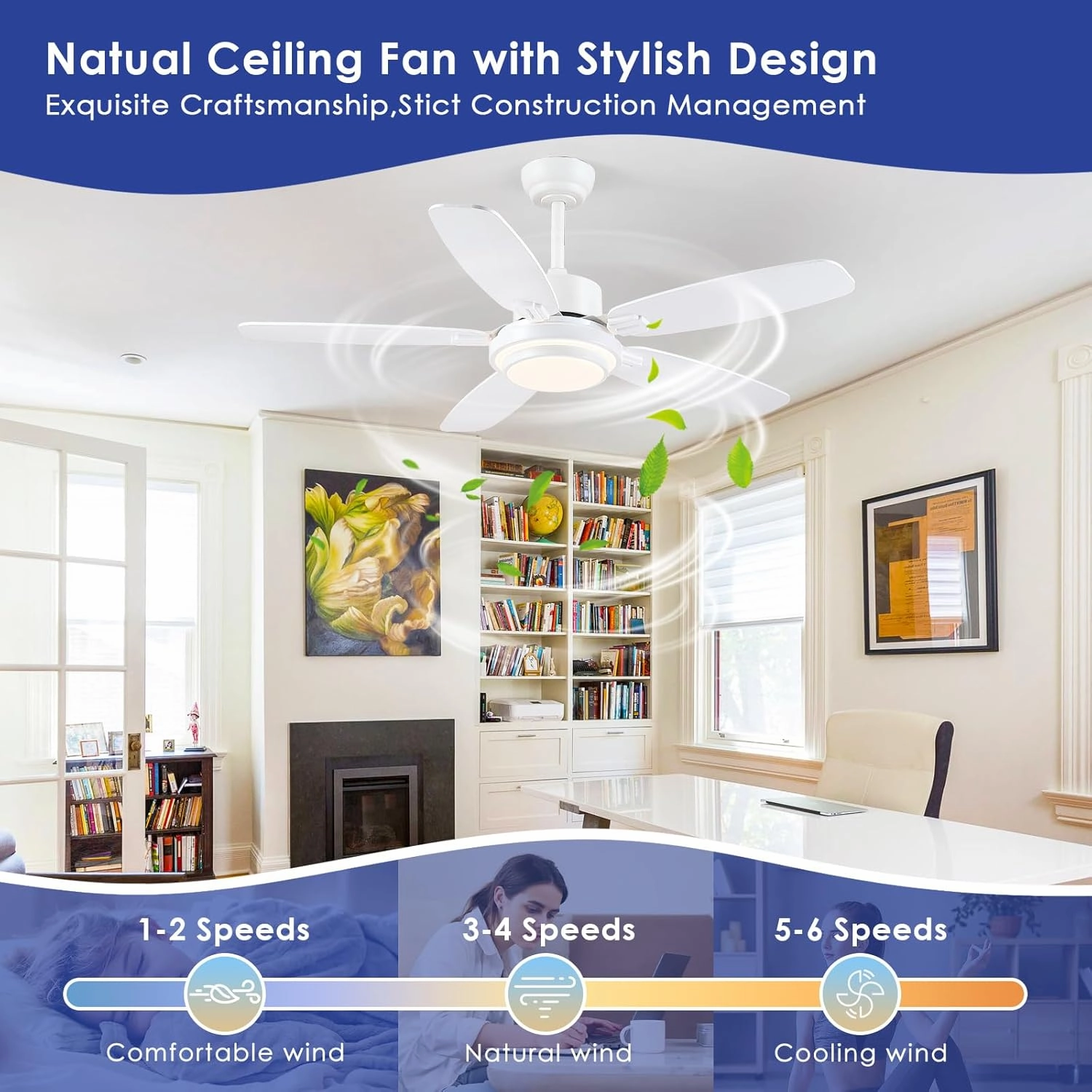 Ceiling Fan with Light and Remote/APP Control,50" Modern Indoor Ceiling Fan with DC Reversible Motor, Quiet 6 Speeds Flush Mount Ceiling Fan Light for Bedroom,Dinnig Room,White