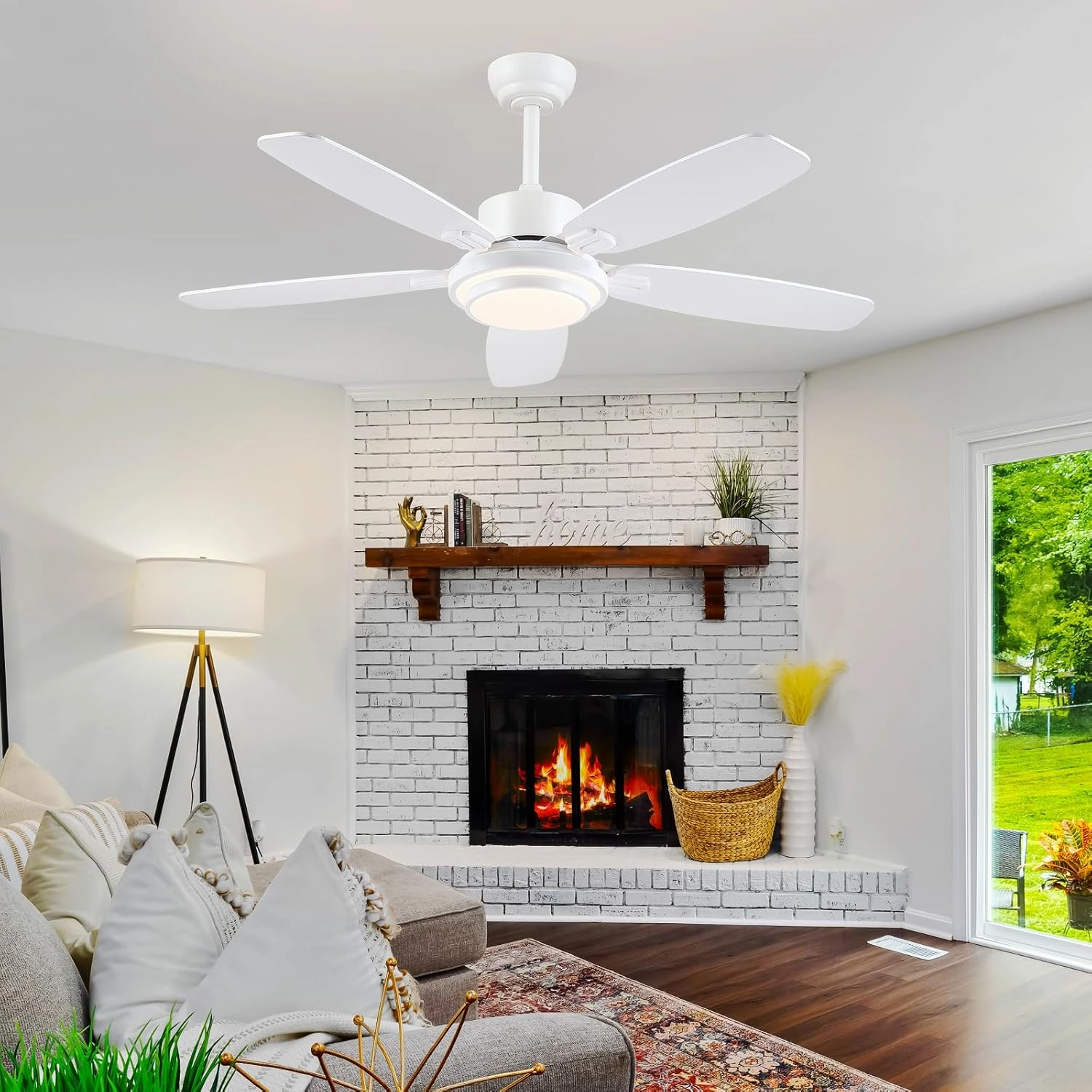 Ceiling Fan with Light and Remote/APP Control,50" Modern Indoor Ceiling Fan with DC Reversible Motor, Quiet 6 Speeds Flush Mount Ceiling Fan Light for Bedroom,Dinnig Room,White