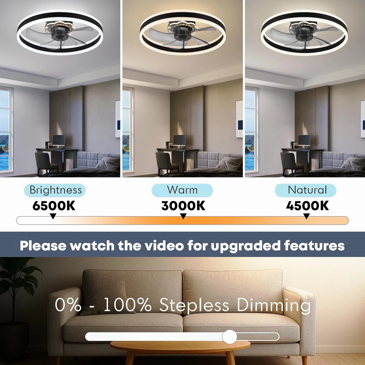 Ceiling Fan with Light, Upgraded 20 Low Profile Fan, Flush Mount Ceiling Fan, 6 Speeds, Dimmable LED, App & Remote Control, Quiet DC Motor, for Bedroom, Living Room, F105 Black-D