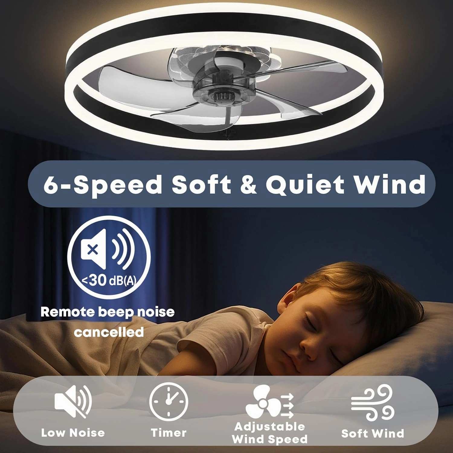Ceiling Fan with Light, Upgraded 20 Low Profile Fan, Flush Mount Ceiling Fan, 6 Speeds, Dimmable LED, App & Remote Control, Quiet DC Motor, for Bedroom, Living Room, F105 Black-D