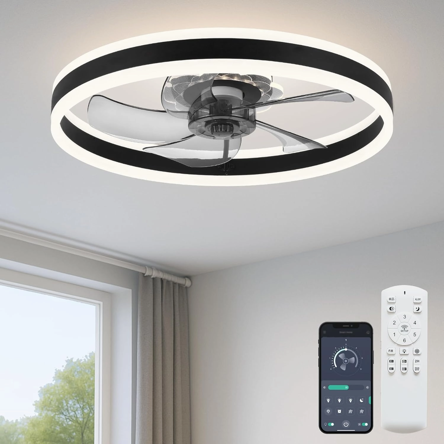 Ceiling Fan with Light, Upgraded 20 Low Profile Fan, Flush Mount Ceiling Fan, 6 Speeds, Dimmable LED, App & Remote Control, Quiet DC Motor, for Bedroom, Living Room, F105 Black-D App-controlled remote fan for convenience