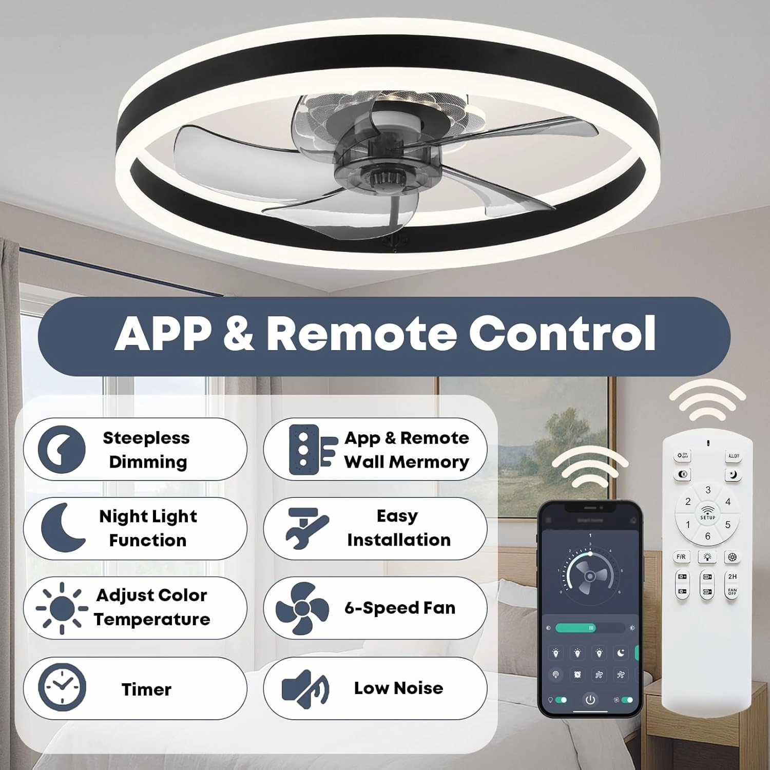 Ceiling Fan with Light, Upgraded 20 Low Profile Fan, Flush Mount Ceiling Fan, 6 Speeds, Dimmable LED, App & Remote Control, Quiet DC Motor, for Bedroom, Living Room, F105 Black-D