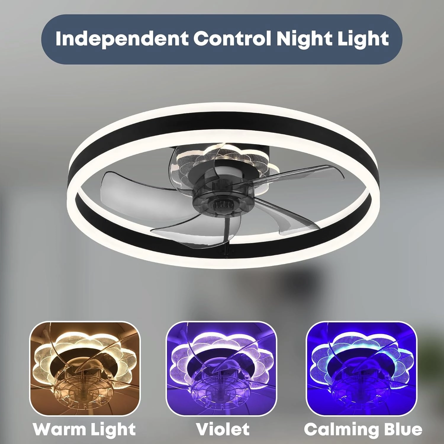 Ceiling Fan with Light, Upgraded 20 Low Profile Fan, Flush Mount Ceiling Fan, 6 Speeds, Dimmable LED, App & Remote Control, Quiet DC Motor, for Bedroom, Living Room, F105 Black-D