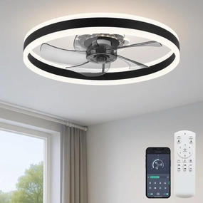 Ceiling Fan with Light, Upgraded 20 Low Profile Fan, Flush Mount Ceiling Fan, 6 Speeds, Dimmable LED, App & Remote Control, Quiet DC Motor, for Bedroom, Living Room, F105 Black-D App-controlled remote fan for convenience