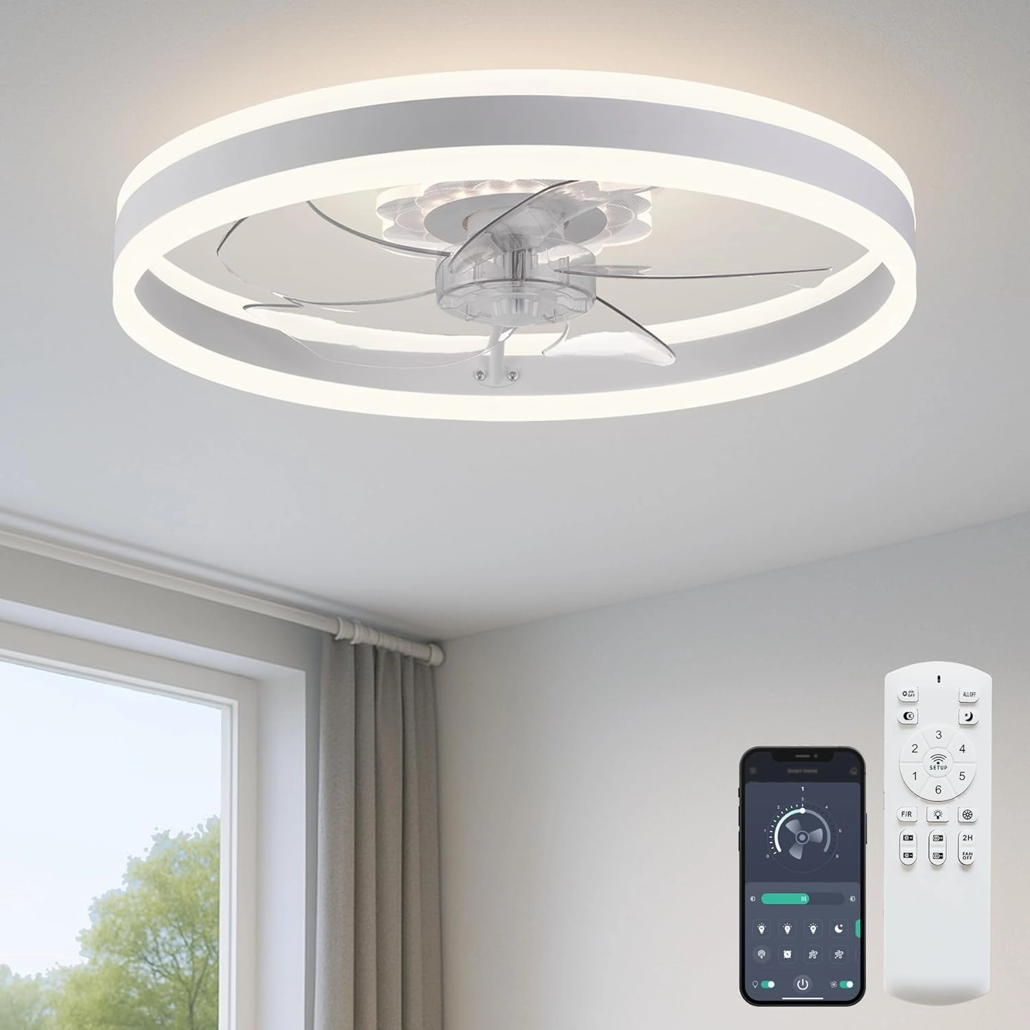 Ceiling Fan with Light, Upgraded 20 Low Profile Fan, Flush Mount Ceiling Fan, 6 Speeds, Dimmable LED, App & Remote Control, Quiet DC Motor, for Bedroom, Living Room, F105 White App-controlled remote fan for convenience