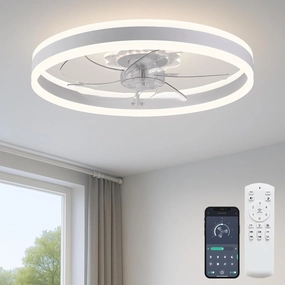 Ceiling Fan with Light, Upgraded 20 Low Profile Fan, Flush Mount Ceiling Fan, 6 Speeds, Dimmable LED, App & Remote Control, Quiet DC Motor, for Bedroom, Living Room, F105 White App-controlled remote fan for convenience