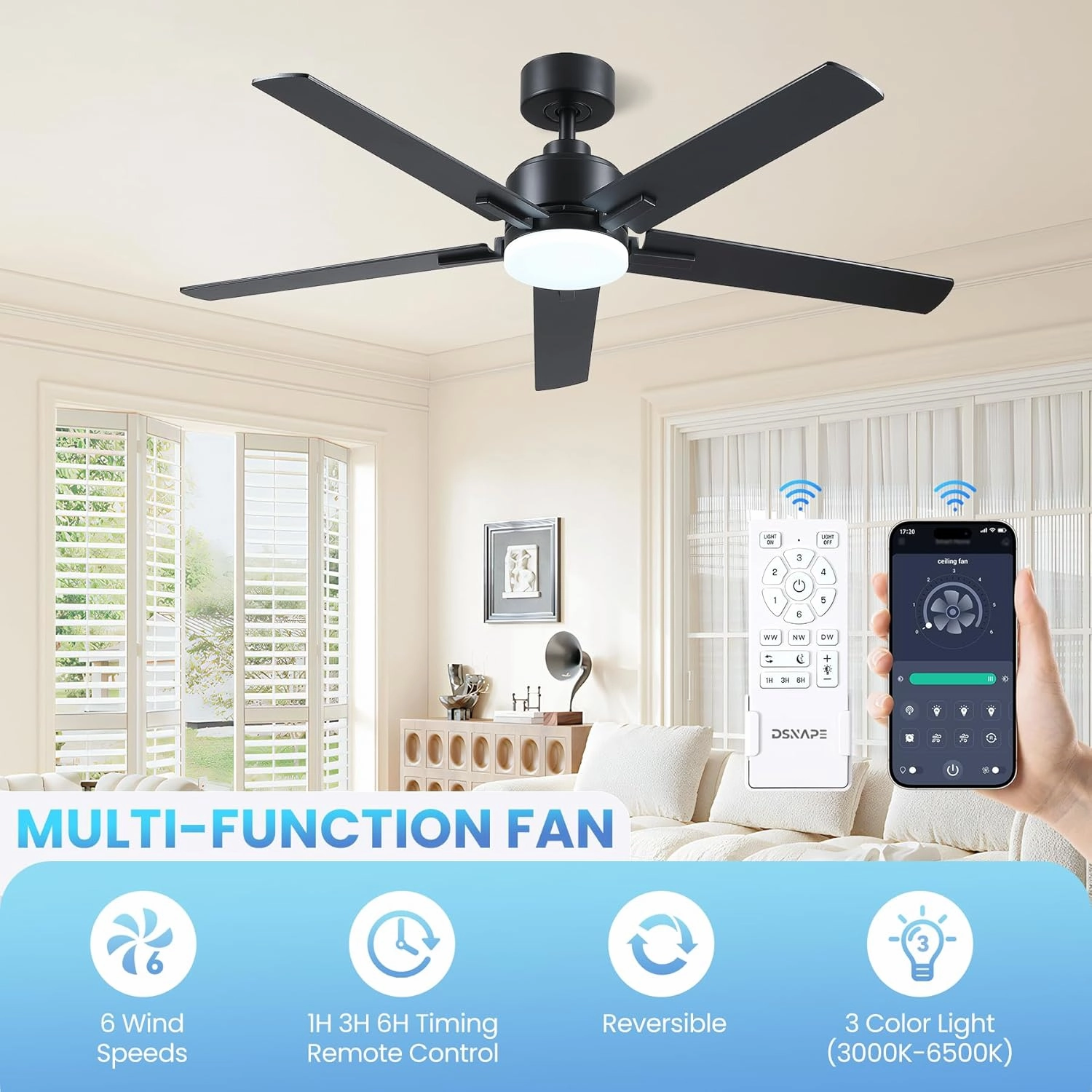 Ceiling Fan with Lights, 42 Inch Low Profile Ceiling Fan with Lights and Remote/APP Control, Reversible, Dimmable, 3CCT, Black Ceiling fan for Bedroom, Living Room Indoor Outdoor Use
