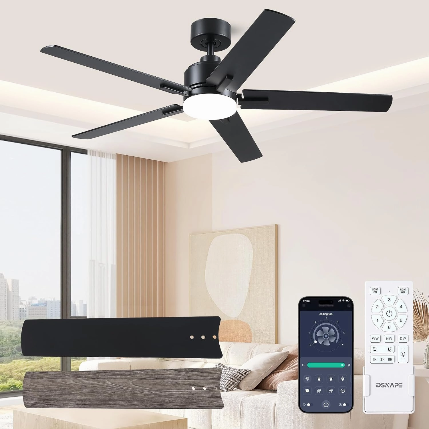 Ceiling Fan with Lights, 42 Inch Low Profile Ceiling Fan with Lights and Remote/APP Control, Reversible, Dimmable, 3CCT, Black Ceiling fan for Bedroom, Living Room Indoor Outdoor Use App-controlled remote fan for convenience