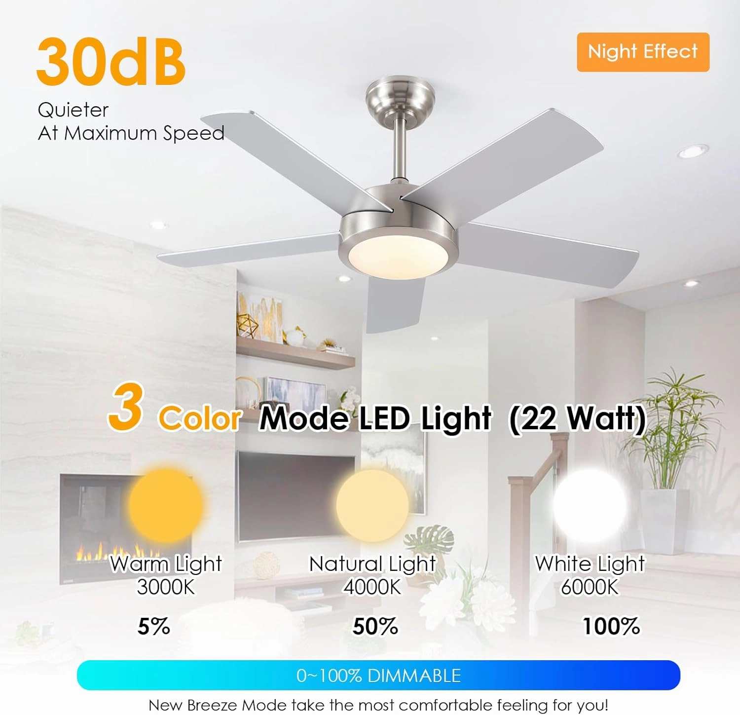 Ceiling Fan with Lights and Remote/APP - 42" Modern Low Profile Ceiling Fan with 5 Reversible Blades, 3CCT Dimmable, Ceiling Fans for Indoor/Covered Outdoor, Brushed Nickel