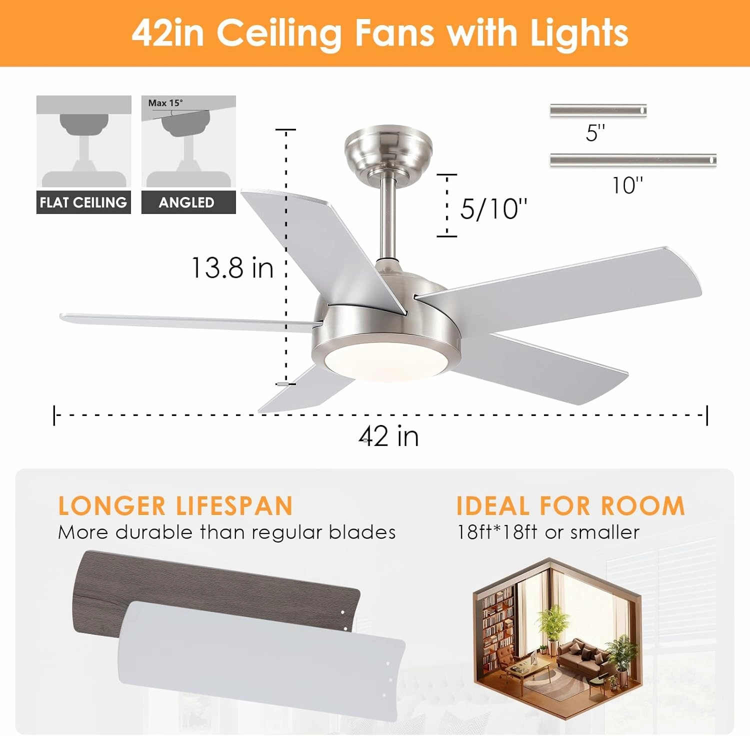 Ceiling Fan with Lights and Remote/APP - 42" Modern Low Profile Ceiling Fan with 5 Reversible Blades, 3CCT Dimmable, Ceiling Fans for Indoor/Covered Outdoor, Brushed Nickel