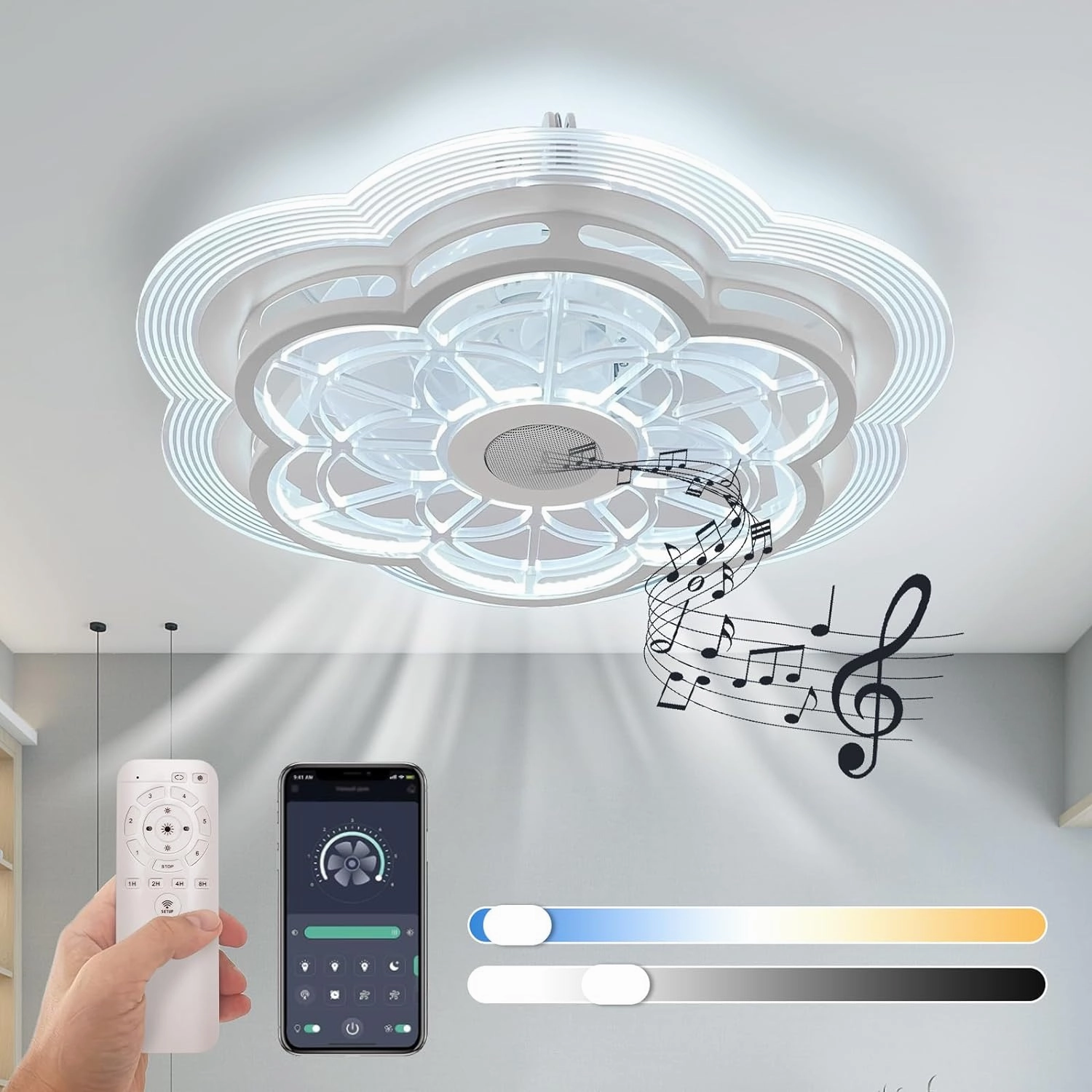 Ceiling Fan with Lights Remote Control, Enclosed flower light fan, with Bluetooth Speaker 3 Colors Dimmable 6 Speeds, Flush Mount Bladeless Petal Chandelier APP Control 19.6 In for Bedroom, Indoor App-controlled remote fan for convenience