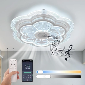 Ceiling Fan with Lights Remote Control, Enclosed flower light fan, with Bluetooth Speaker 3 Colors Dimmable 6 Speeds, Flush Mount Bladeless Petal Chandelier APP Control 19.6 In for Bedroom, Indoor App-controlled remote fan for convenience